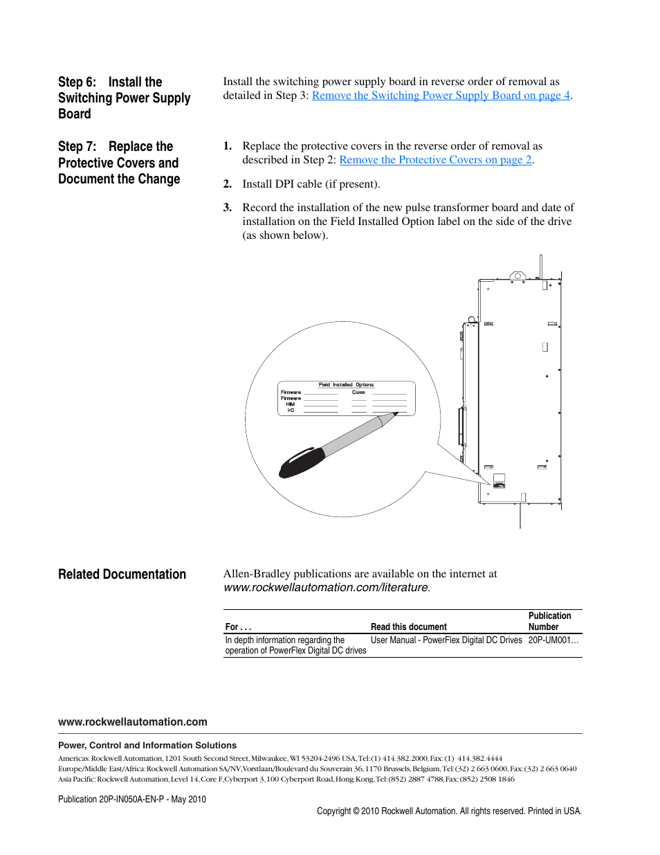 Publication 20p-in050a-en-p, Step 6: install the switching power supply board, Related documentation | Rockwell Automation 20P PowerFlex DC Drive - Frame D Pulse Transformer Circuit Board User Manual | Page 8 / 8
