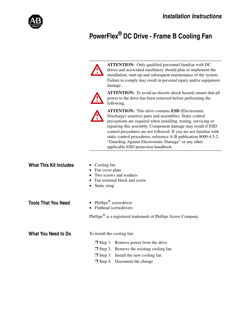 Rockwell Automation 20P PowerFlex DC Drive - Frame B Cooling Fan User Manual | 6 pages