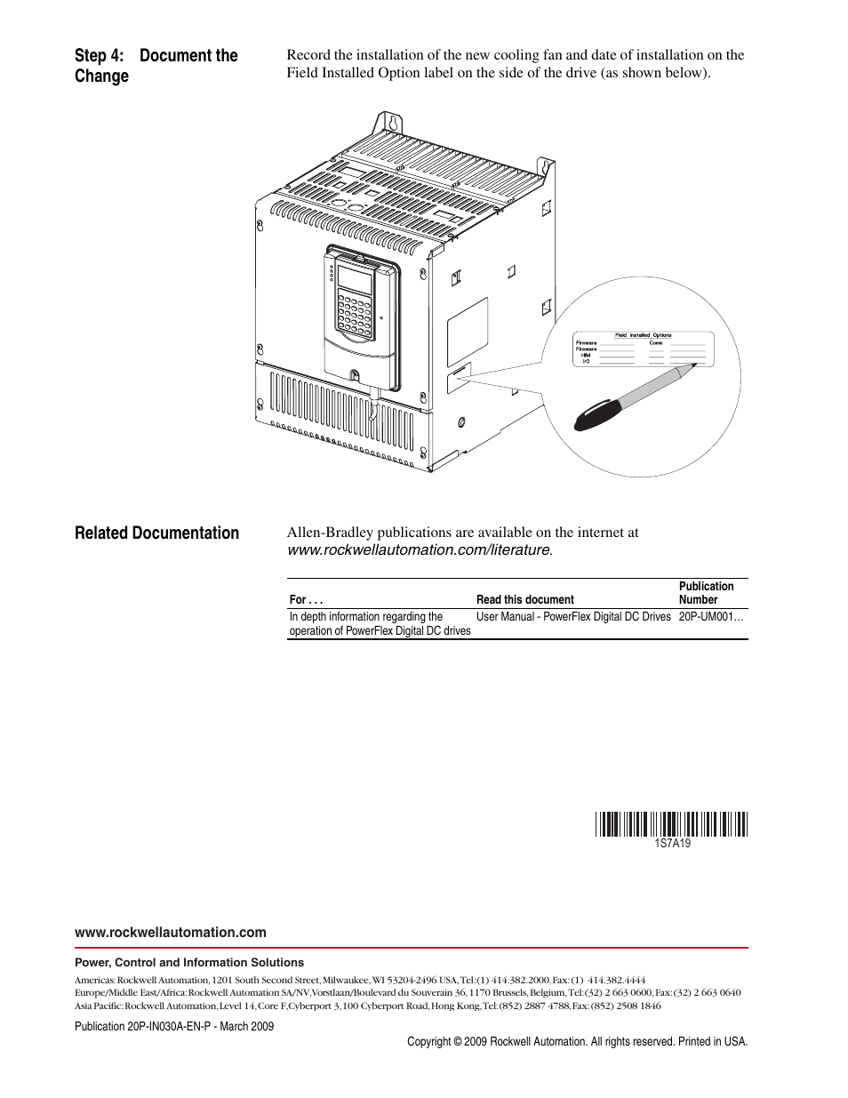 Step 4: document the change, Related documentation, Pub. no. - date | Rockwell Automation 20P PowerFlex DC Drive - Frame B Cooling Fan User Manual | Page 6 / 6