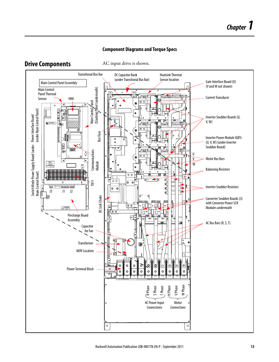 1 - component diagrams and torque specs, Drive components, Chapter 1 | Component diagrams and torque specs, Es in, Component, Chapter, Ac input drive is shown | Rockwell Automation 20B PowerFlex 700 Drive - Frame 7 Components Replacement User Manual | Page 13 / 60