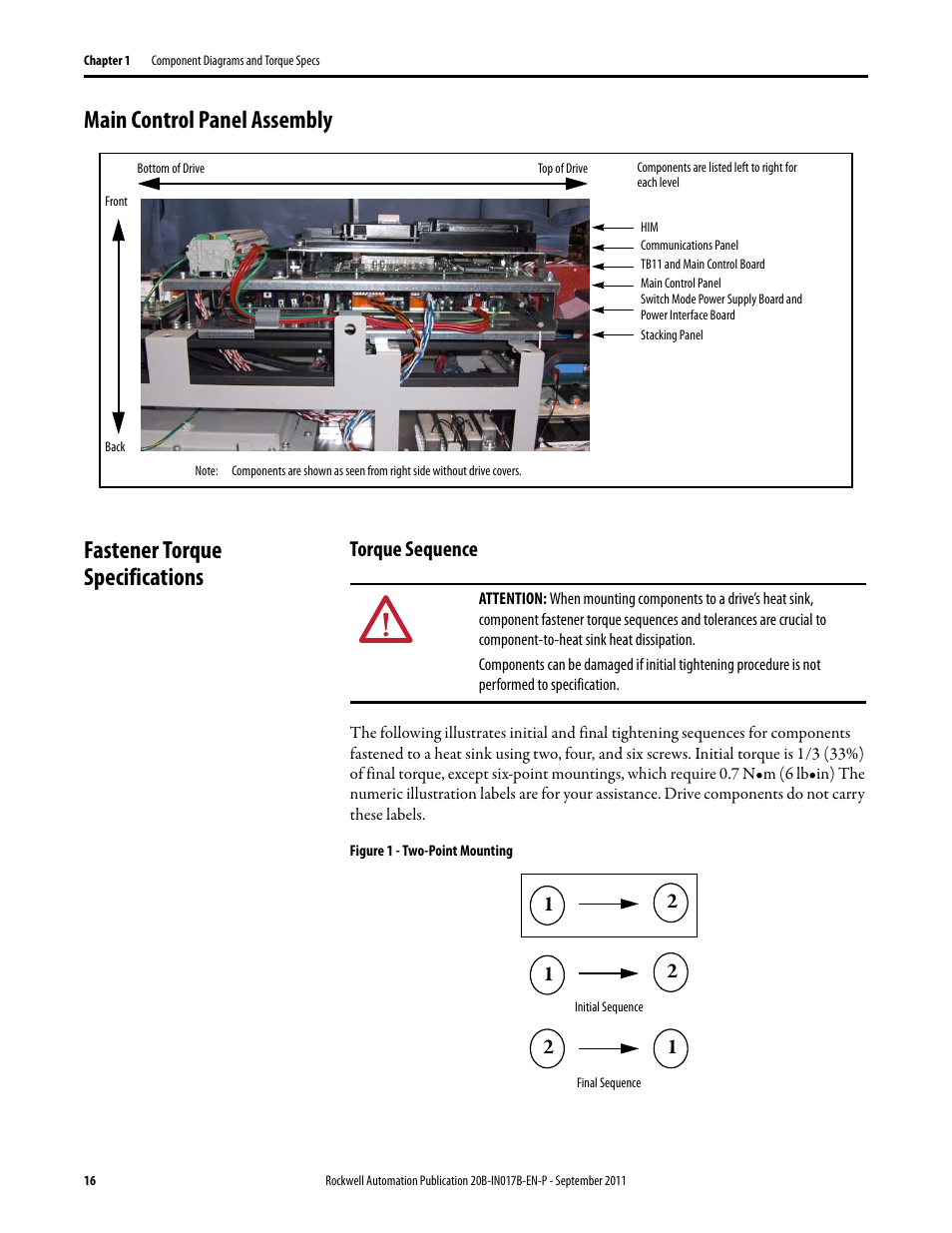Main control panel assembly, Fastener torque specifications, Torque sequence | Rockwell Automation 20B PowerFlex 700 Drive - Frame 7 Components Replacement User Manual | Page 16 / 60