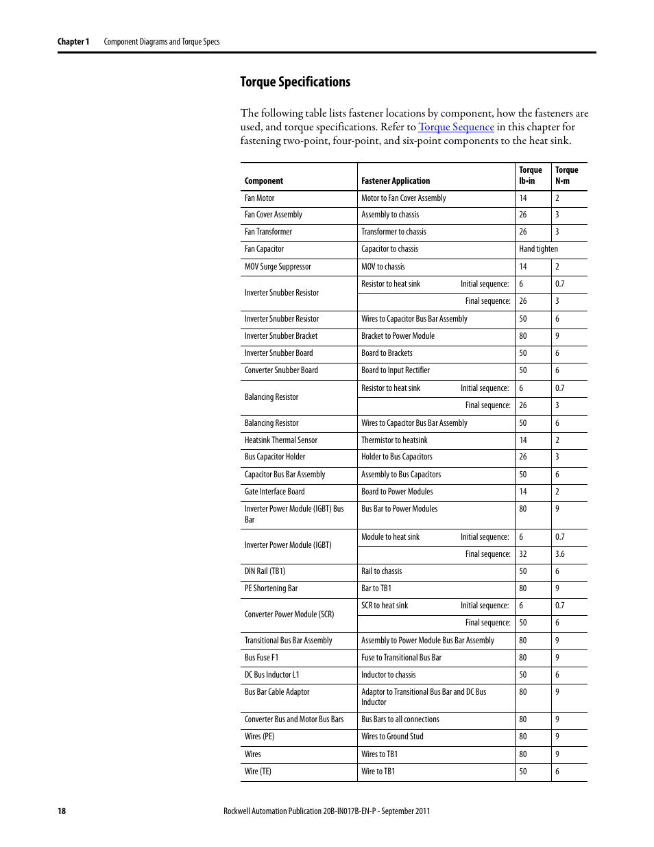 Torque specifications | Rockwell Automation 20B PowerFlex 700 Drive - Frame 7 Components Replacement User Manual | Page 18 / 60