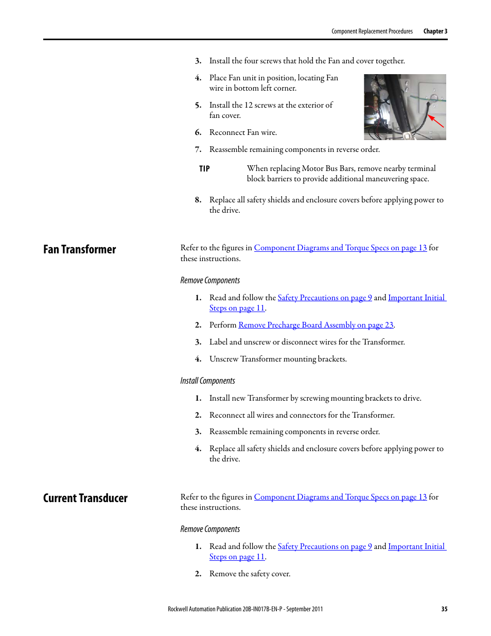 Fan transformer, Current transducer, Fan transformer current transducer | Rockwell Automation 20B PowerFlex 700 Drive - Frame 7 Components Replacement User Manual | Page 35 / 60