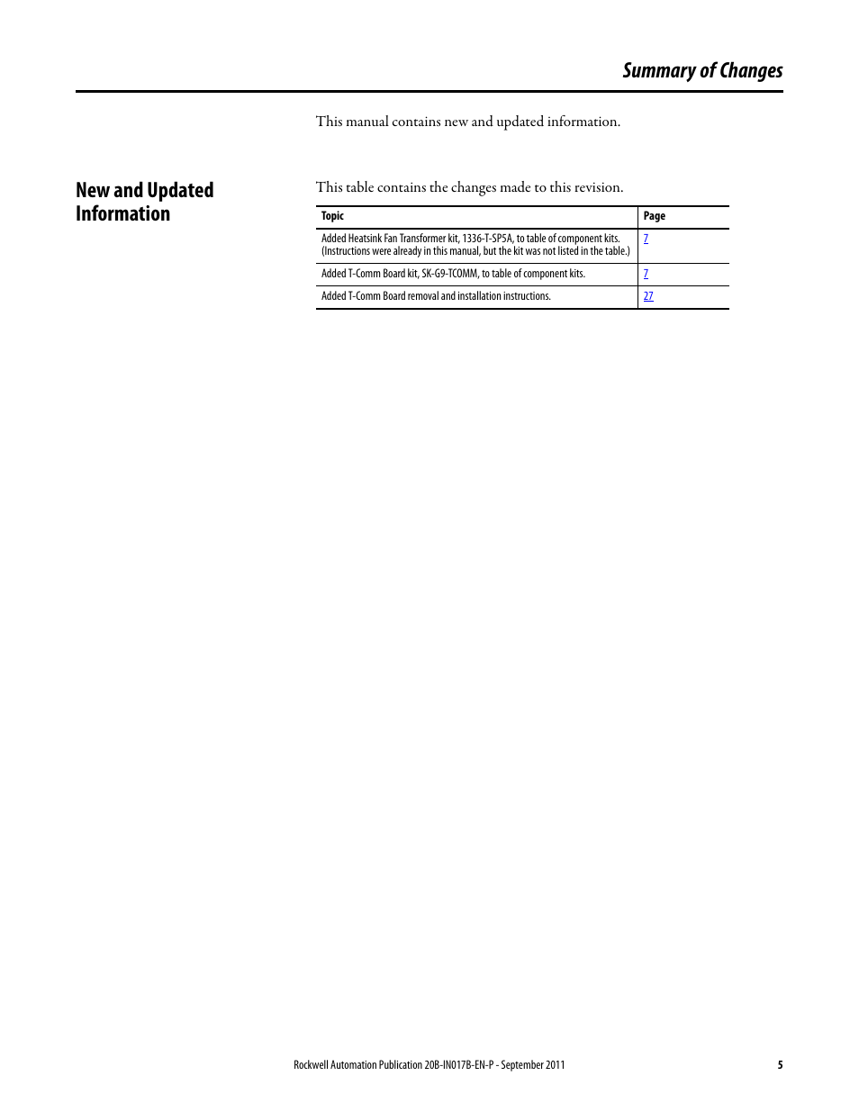 Summary of changes, New and updated information | Rockwell Automation 20B PowerFlex 700 Drive - Frame 7 Components Replacement User Manual | Page 5 / 60