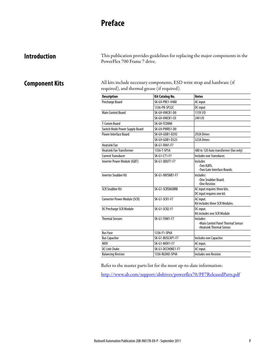 Preface, Introduction, Component kits | Introduction component kits | Rockwell Automation 20B PowerFlex 700 Drive - Frame 7 Components Replacement User Manual | Page 7 / 60