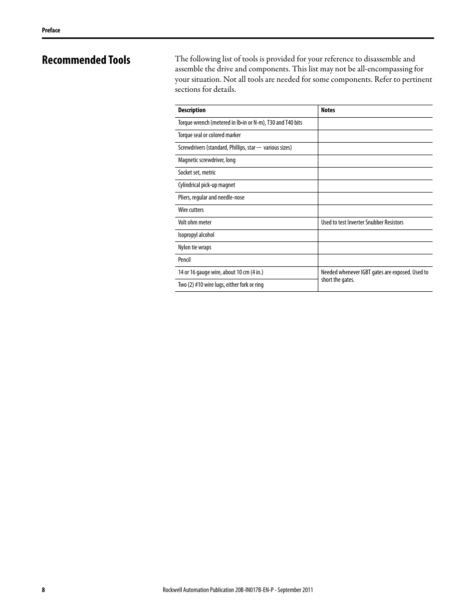Recommended tools | Rockwell Automation 20B PowerFlex 700 Drive - Frame 7 Components Replacement User Manual | Page 8 / 60
