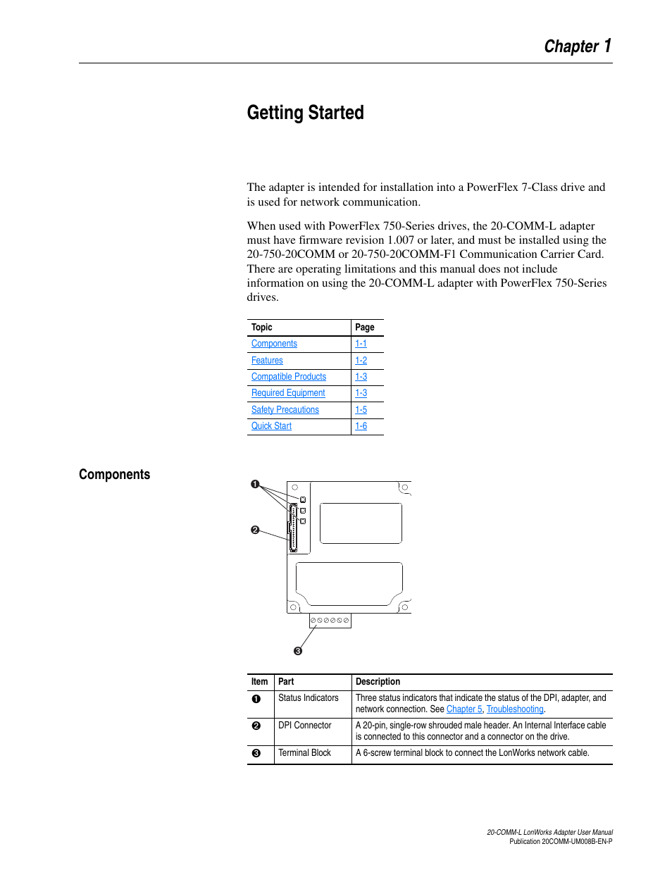 Chapter 1, Getting started, Components | Components -1, 1getting started | Rockwell Automation 20-COMM-L LonWorks Adapter User Manual | Page 11 / 84