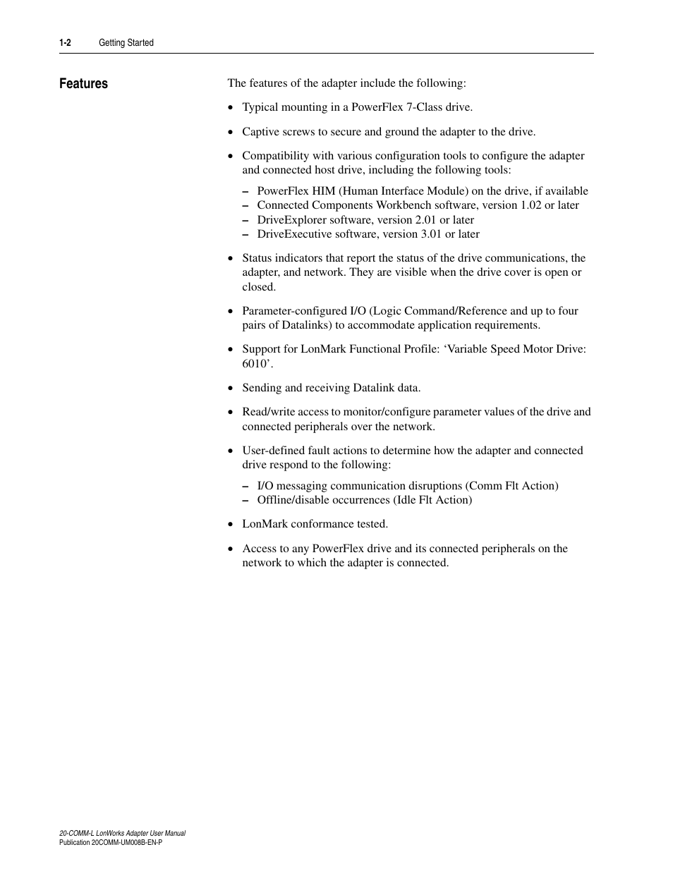 Features, Features -2 | Rockwell Automation 20-COMM-L LonWorks Adapter User Manual | Page 12 / 84