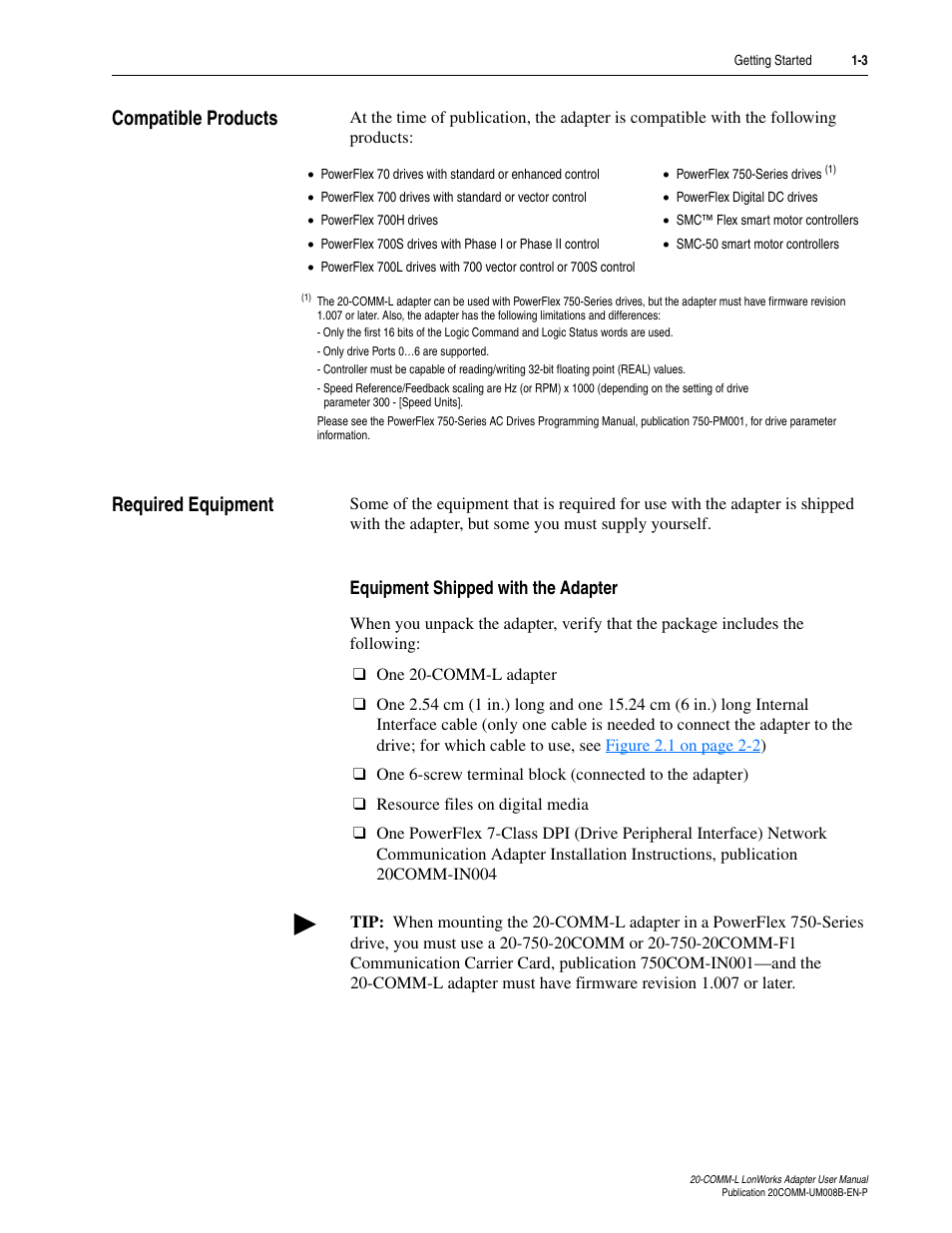 Compatible products, Required equipment, Equipment shipped with the adapter | Compatible products -3 required equipment -3 | Rockwell Automation 20-COMM-L LonWorks Adapter User Manual | Page 13 / 84