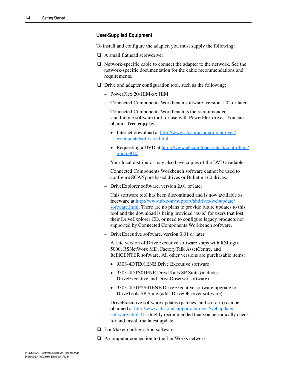 User-supplied equipment | Rockwell Automation 20-COMM-L LonWorks Adapter User Manual | Page 14 / 84