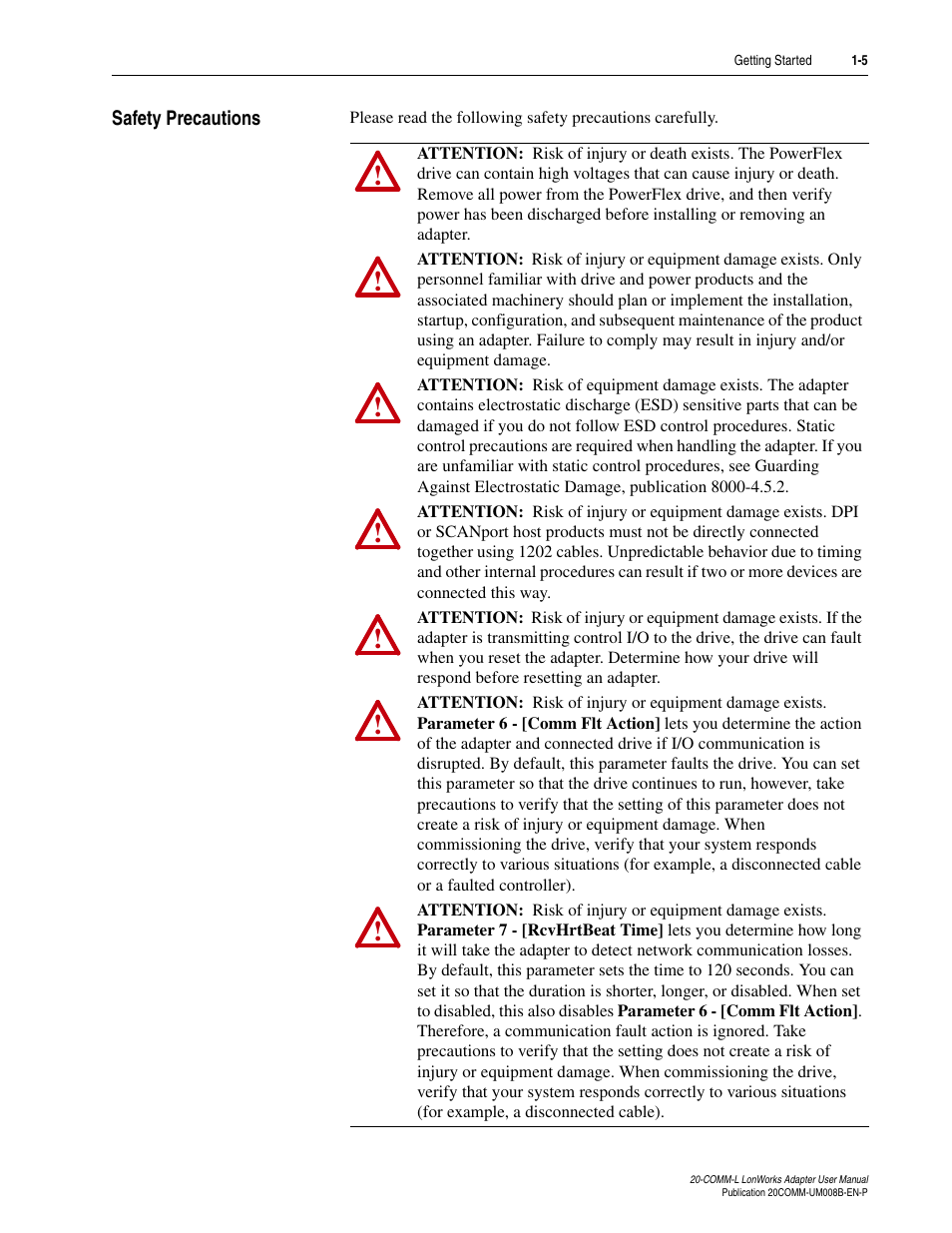 Safety precautions, Safety precautions -5 | Rockwell Automation 20-COMM-L LonWorks Adapter User Manual | Page 15 / 84