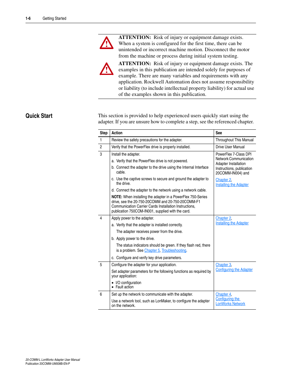 Quick start, Quick start -6 | Rockwell Automation 20-COMM-L LonWorks Adapter User Manual | Page 16 / 84