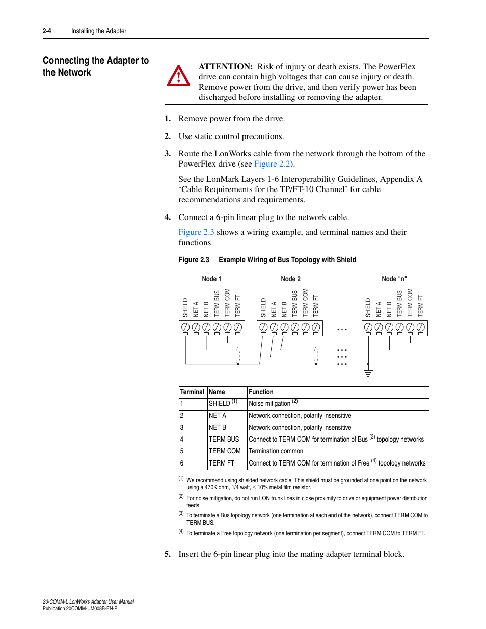 Connecting the adapter to the network, Connecting the adapter to the network -4 | Rockwell Automation 20-COMM-L LonWorks Adapter User Manual | Page 20 / 84