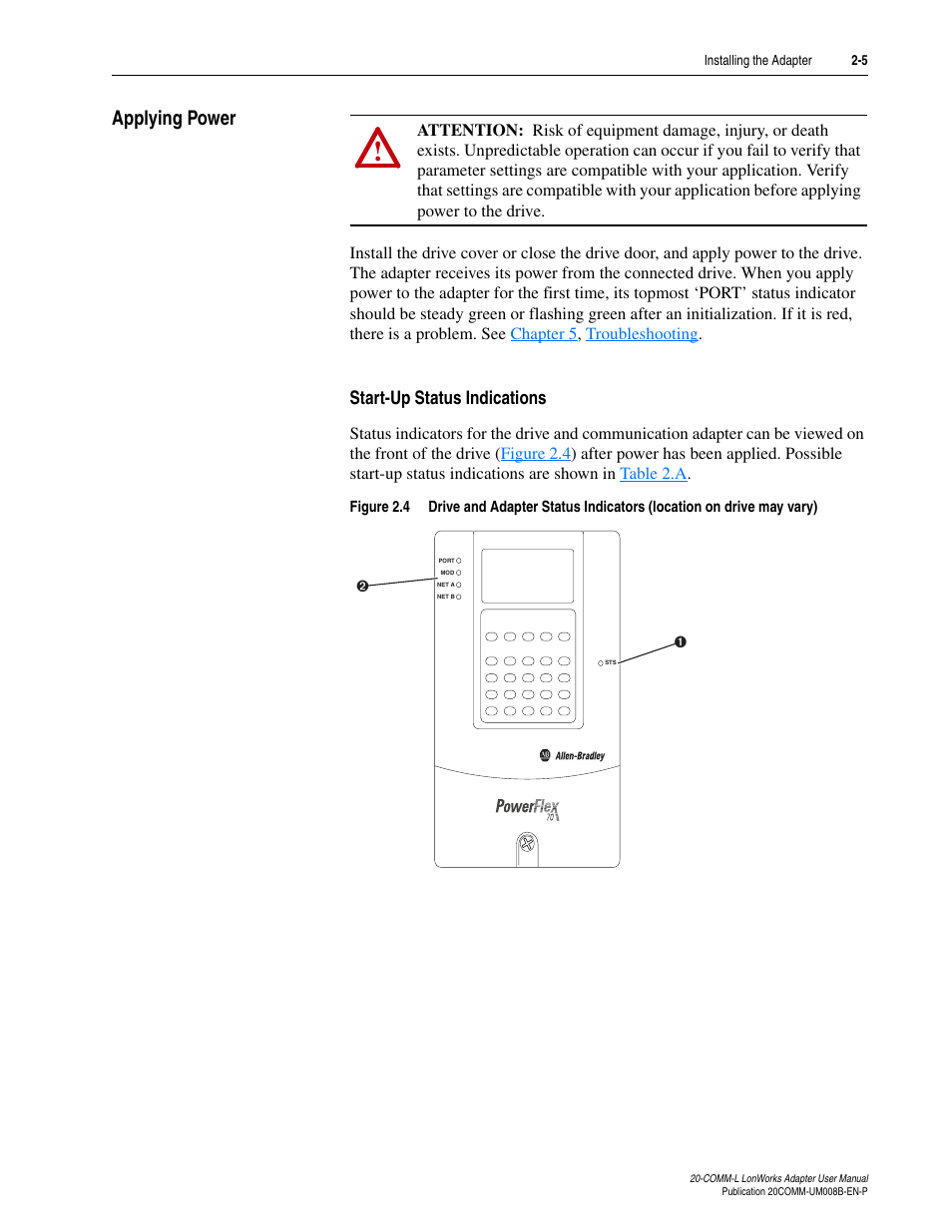 Applying power, Start-up status indications, Applying power -5 | Rockwell Automation 20-COMM-L LonWorks Adapter User Manual | Page 21 / 84