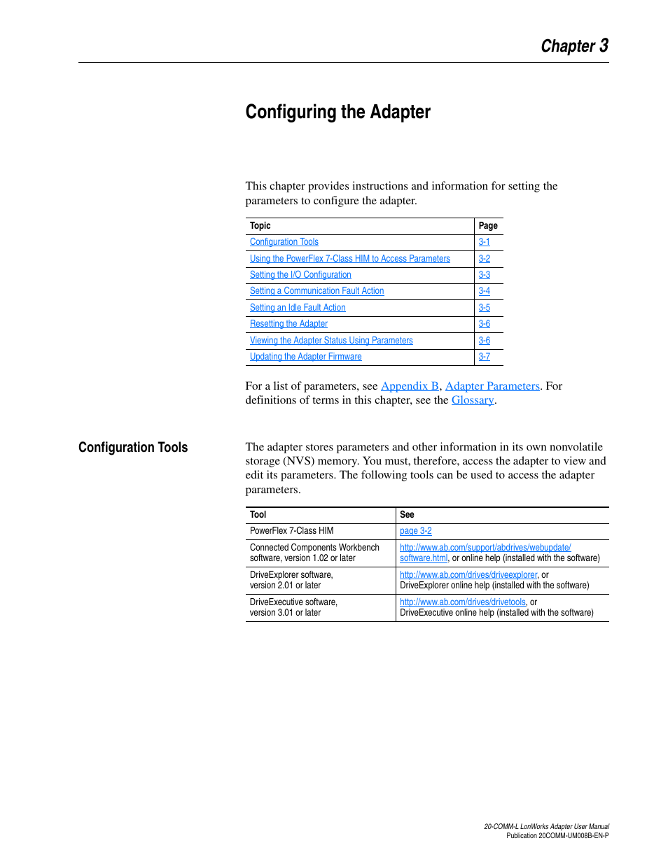 Chapter 3, Configuring the adapter, Configuration tools | Configuration tools -1, 3configuring the adapter, Chapter | Rockwell Automation 20-COMM-L LonWorks Adapter User Manual | Page 25 / 84