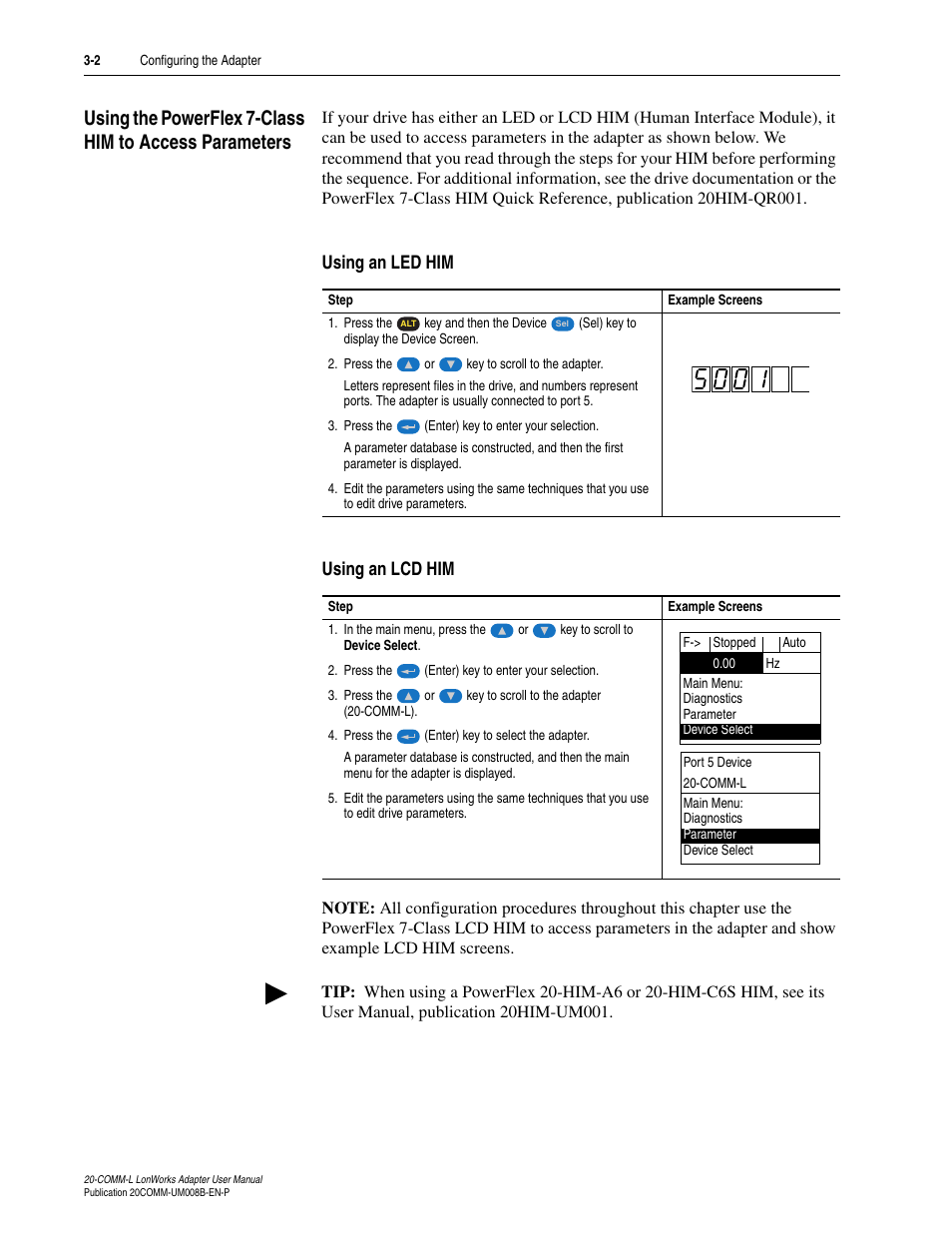 Using an led him, Using an lcd him | Rockwell Automation 20-COMM-L LonWorks Adapter User Manual | Page 26 / 84