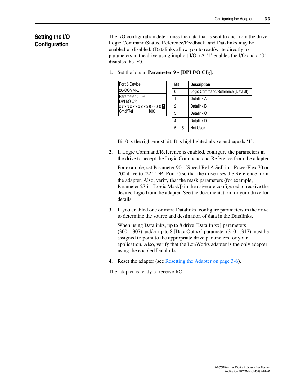 Setting the i/o configuration, Setting the i/o configuration -3 | Rockwell Automation 20-COMM-L LonWorks Adapter User Manual | Page 27 / 84