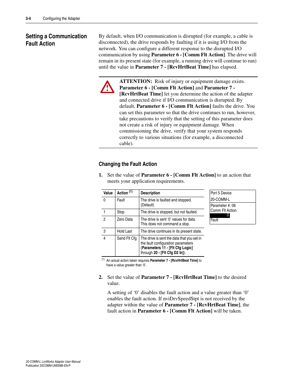 Setting a communication fault action, Changing the fault action, Setting a communication fault action -4 | Rockwell Automation 20-COMM-L LonWorks Adapter User Manual | Page 28 / 84