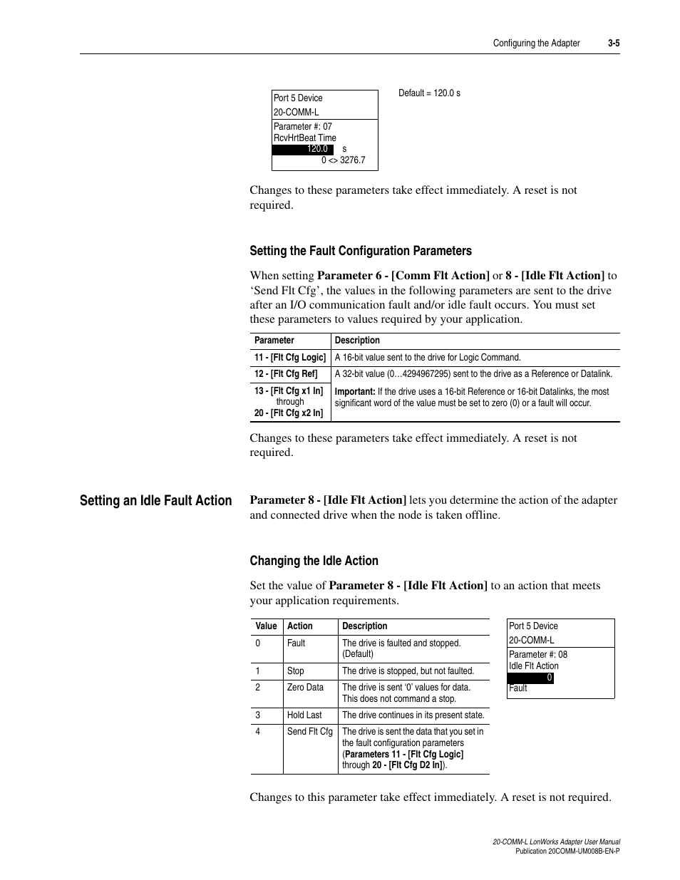 Setting the fault configuration parameters, Setting an idle fault action, Changing the idle action | Setting an idle fault action -5 | Rockwell Automation 20-COMM-L LonWorks Adapter User Manual | Page 29 / 84