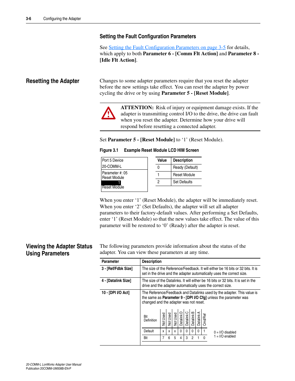 Setting the fault configuration parameters, Resetting the adapter, Viewing the adapter status using parameters | Rockwell Automation 20-COMM-L LonWorks Adapter User Manual | Page 30 / 84