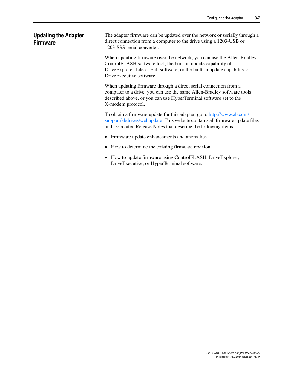 Updating the adapter firmware, Updating the adapter firmware -7 | Rockwell Automation 20-COMM-L LonWorks Adapter User Manual | Page 31 / 84