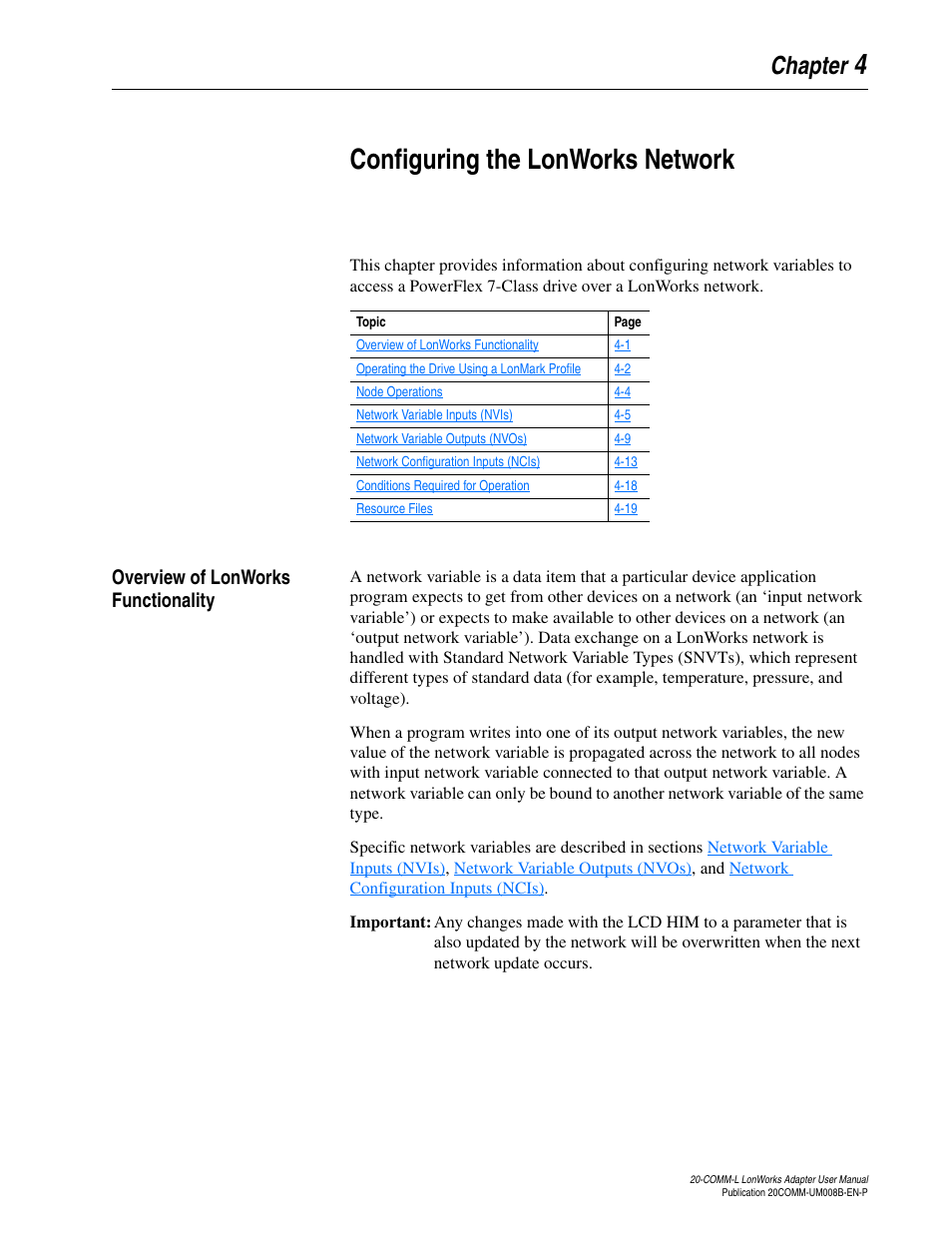 Chapter 4, Configuring the lonworks network, Overview of lonworks functionality | Overview of lonworks functionality -1, Configuring the, Lonworks network, 4configuring the lonworks network | Rockwell Automation 20-COMM-L LonWorks Adapter User Manual | Page 33 / 84