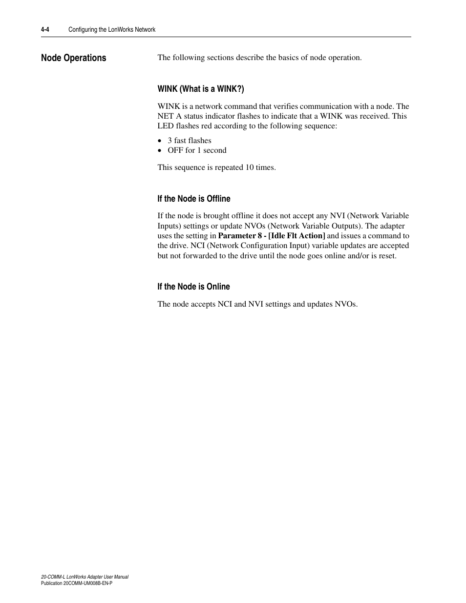 Node operations, Wink (what is a wink?), If the node is offline | If the node is online, Node operations -4 | Rockwell Automation 20-COMM-L LonWorks Adapter User Manual | Page 36 / 84
