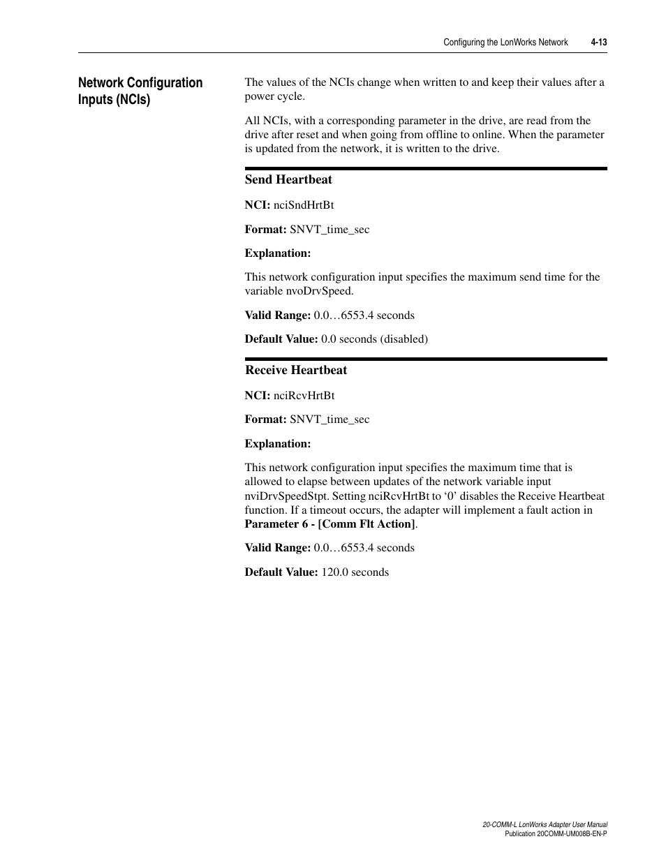 Network configuration inputs (ncis), Network configuration inputs (ncis) -13, Network | Configuration inputs (ncis) | Rockwell Automation 20-COMM-L LonWorks Adapter User Manual | Page 45 / 84