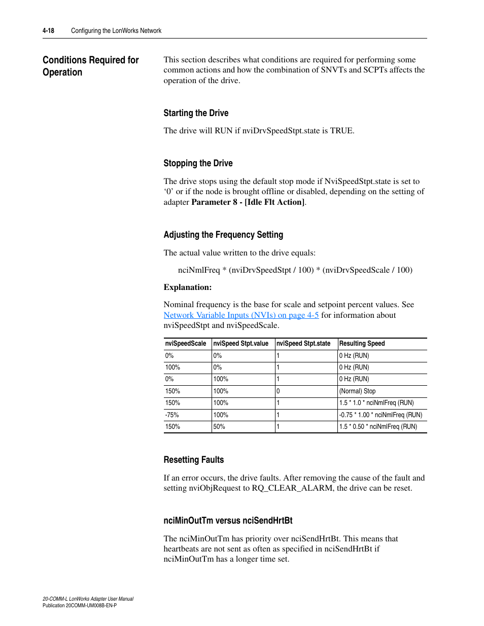 Conditions required for operation, Starting the drive, Stopping the drive | Adjusting the frequency setting, Resetting faults, Nciminouttm versus ncisendhrtbt, Conditions required for operation -18 | Rockwell Automation 20-COMM-L LonWorks Adapter User Manual | Page 50 / 84