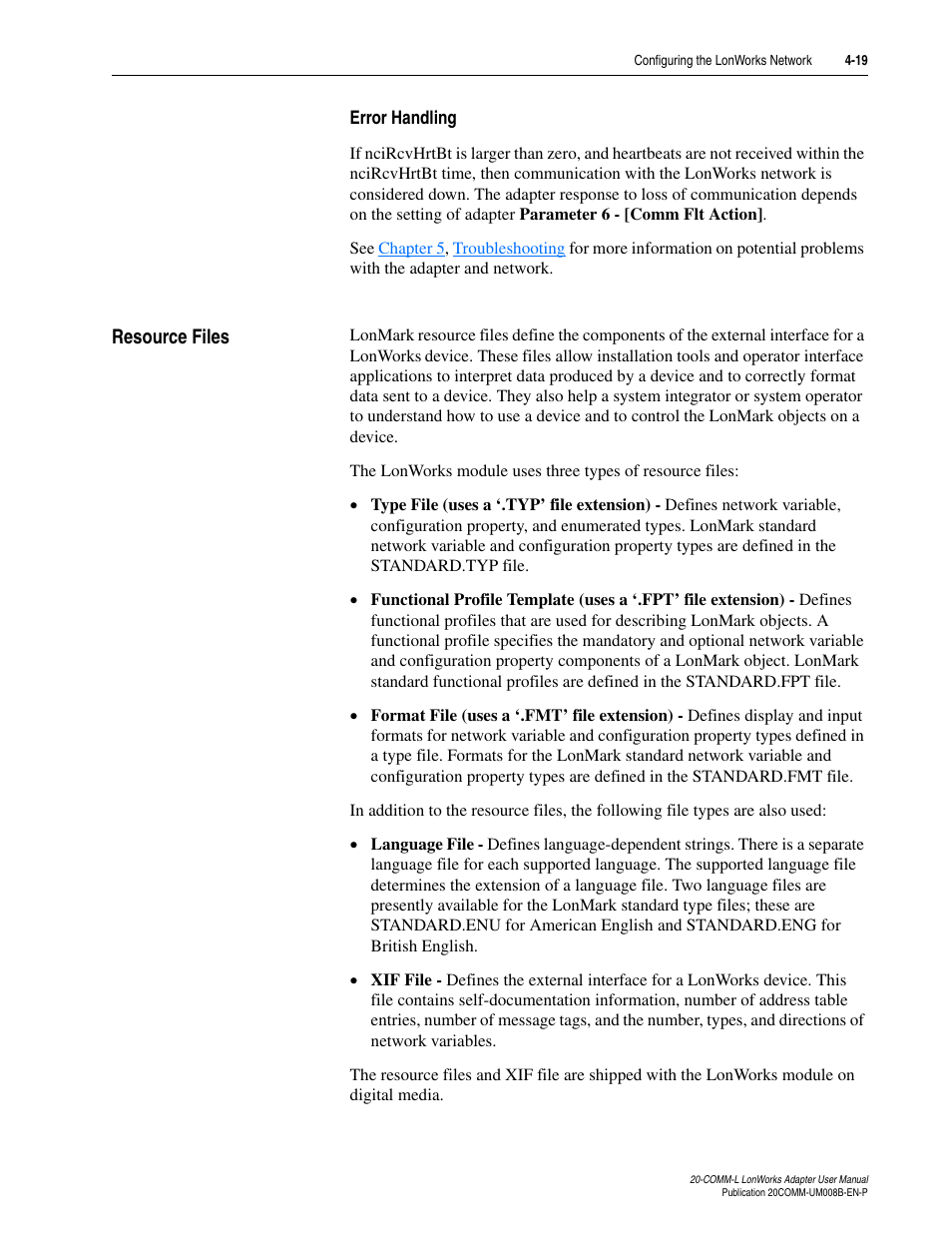Error handling, Resource files, Resource files -19 | Rockwell Automation 20-COMM-L LonWorks Adapter User Manual | Page 51 / 84