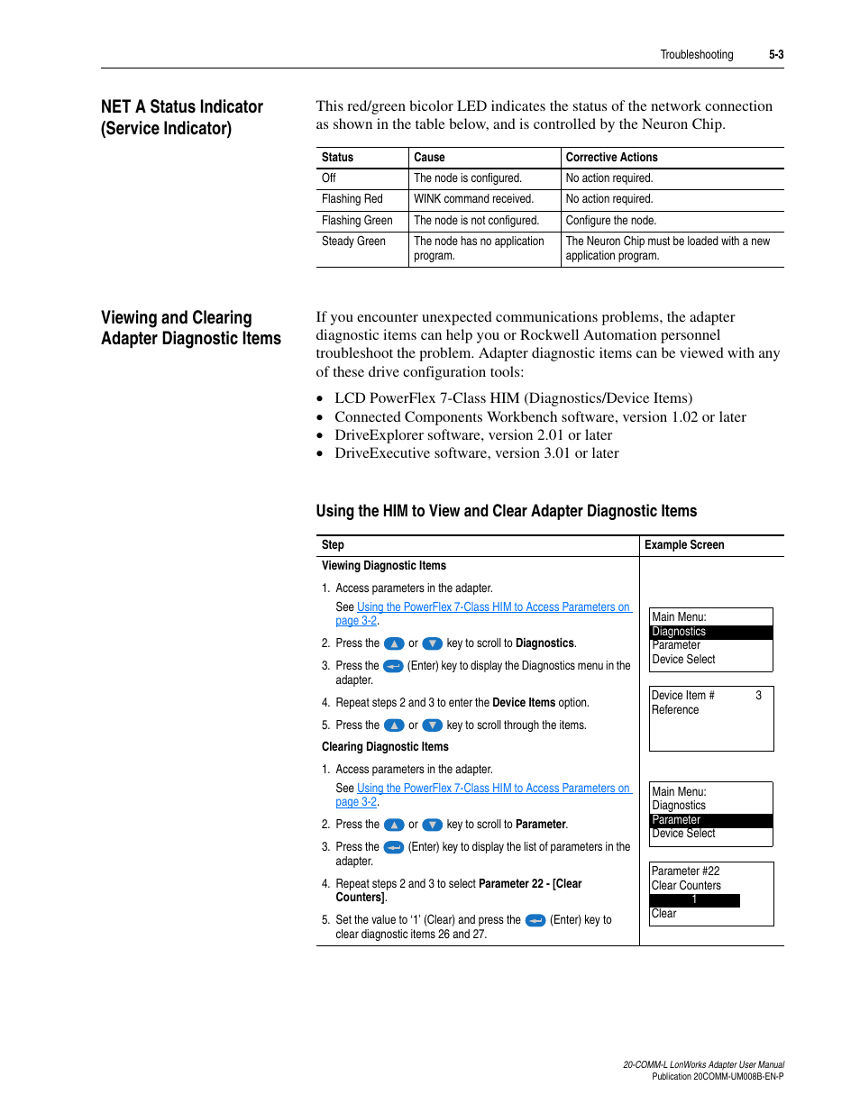 Net a status indicator (service indicator), Viewing and clearing adapter diagnostic items | Rockwell Automation 20-COMM-L LonWorks Adapter User Manual | Page 55 / 84