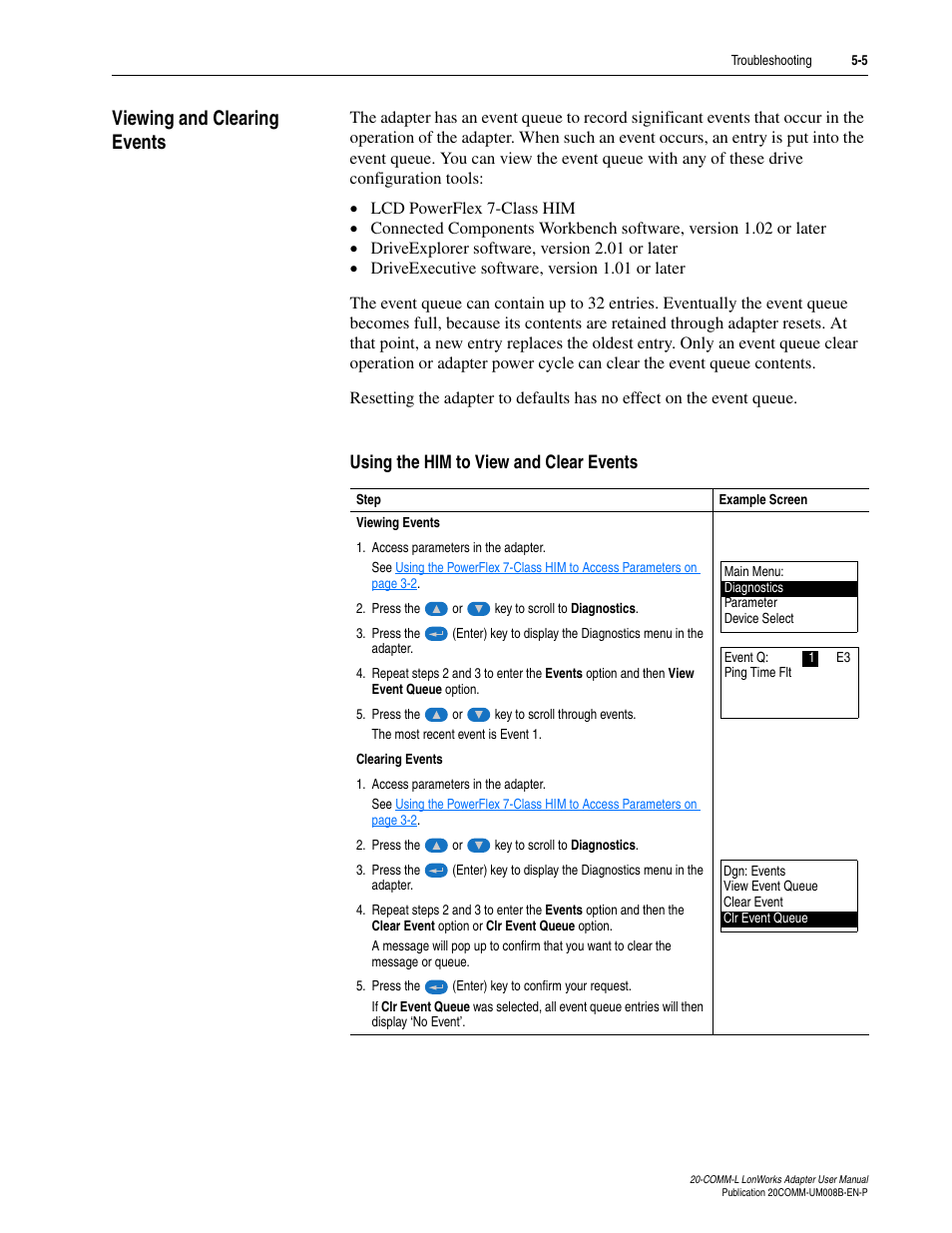 Viewing and clearing events, Using the him to view and clear events, Viewing and clearing events -5 | Rockwell Automation 20-COMM-L LonWorks Adapter User Manual | Page 57 / 84