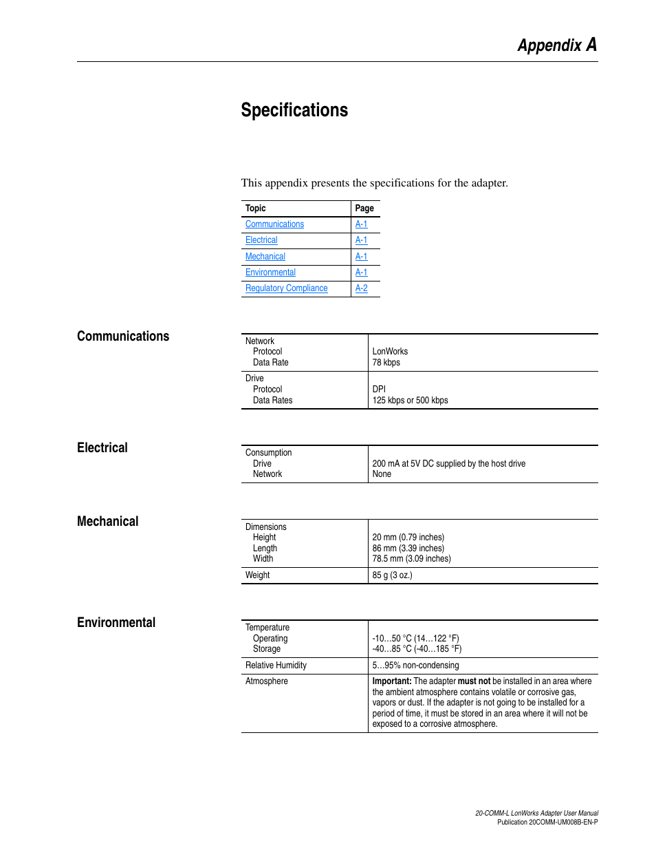 Appendix a, Specifications, Communications | Electrical, Mechanical, Environmental, Aspecifications, Appendix | Rockwell Automation 20-COMM-L LonWorks Adapter User Manual | Page 59 / 84