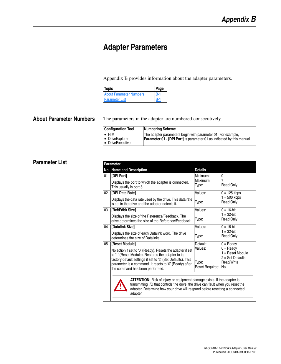Appendix b, Adapter parameters, About parameter numbers | Parameter list, Badapter parameters, Appendix | Rockwell Automation 20-COMM-L LonWorks Adapter User Manual | Page 61 / 84