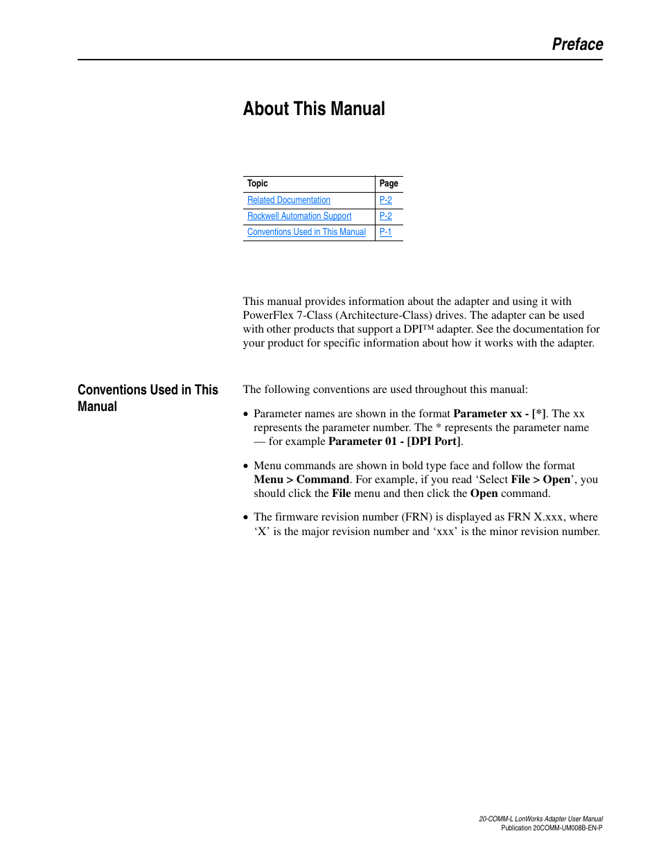 Preface, About this manual, Conventions used in this manual | Rockwell Automation 20-COMM-L LonWorks Adapter User Manual | Page 7 / 84