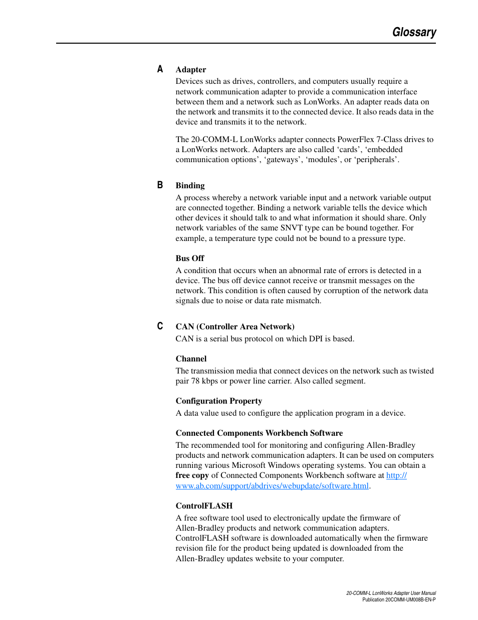 Glossary | Rockwell Automation 20-COMM-L LonWorks Adapter User Manual | Page 73 / 84