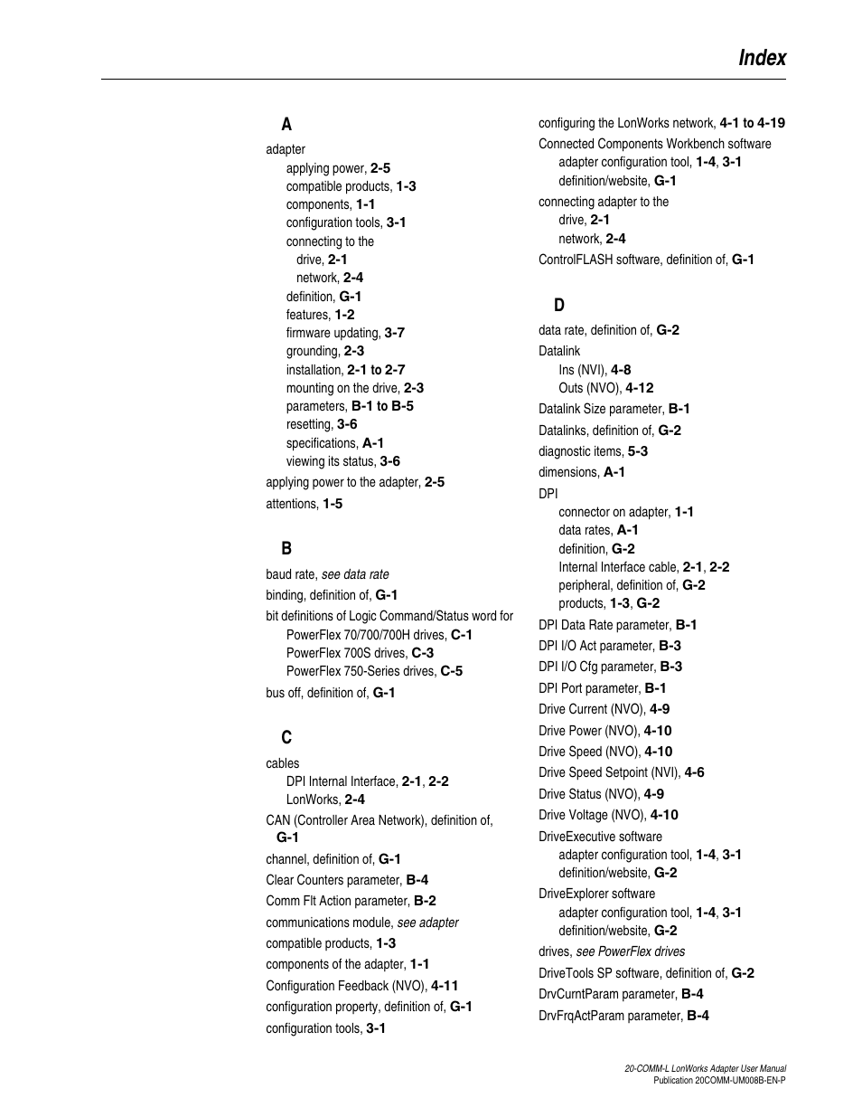 Index | Rockwell Automation 20-COMM-L LonWorks Adapter User Manual | Page 79 / 84