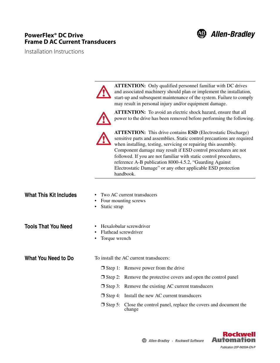 Rockwell Automation 20P PowerFlex DC Drive - Frame D AC Current Transducers User Manual | 8 pages