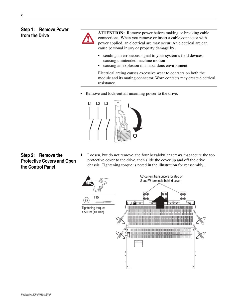 Step 1: remove power from the drive | Rockwell Automation 20P PowerFlex DC Drive - Frame D AC Current Transducers User Manual | Page 2 / 8