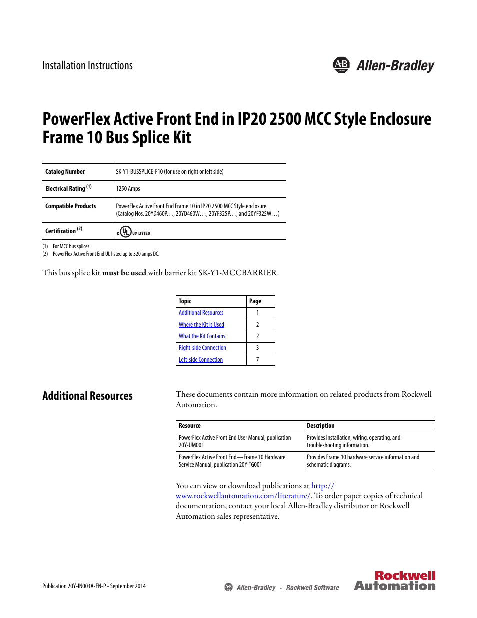 Rockwell Automation 20Y PowerFlex Active Front End in IP20 2500 MCC Style Encl. Fr. 10 Bus Splice Kit User Manual | 10 pages