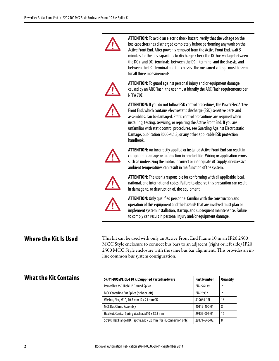 Where the kit is used, What the kit contains | Rockwell Automation 20Y PowerFlex Active Front End in IP20 2500 MCC Style Encl. Fr. 10 Bus Splice Kit User Manual | Page 2 / 10