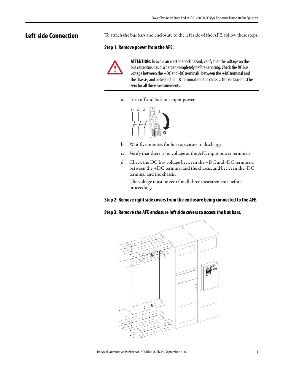 Left-side connection, Step 1: remove power from the afe | Rockwell Automation 20Y PowerFlex Active Front End in IP20 2500 MCC Style Encl. Fr. 10 Bus Splice Kit User Manual | Page 7 / 10