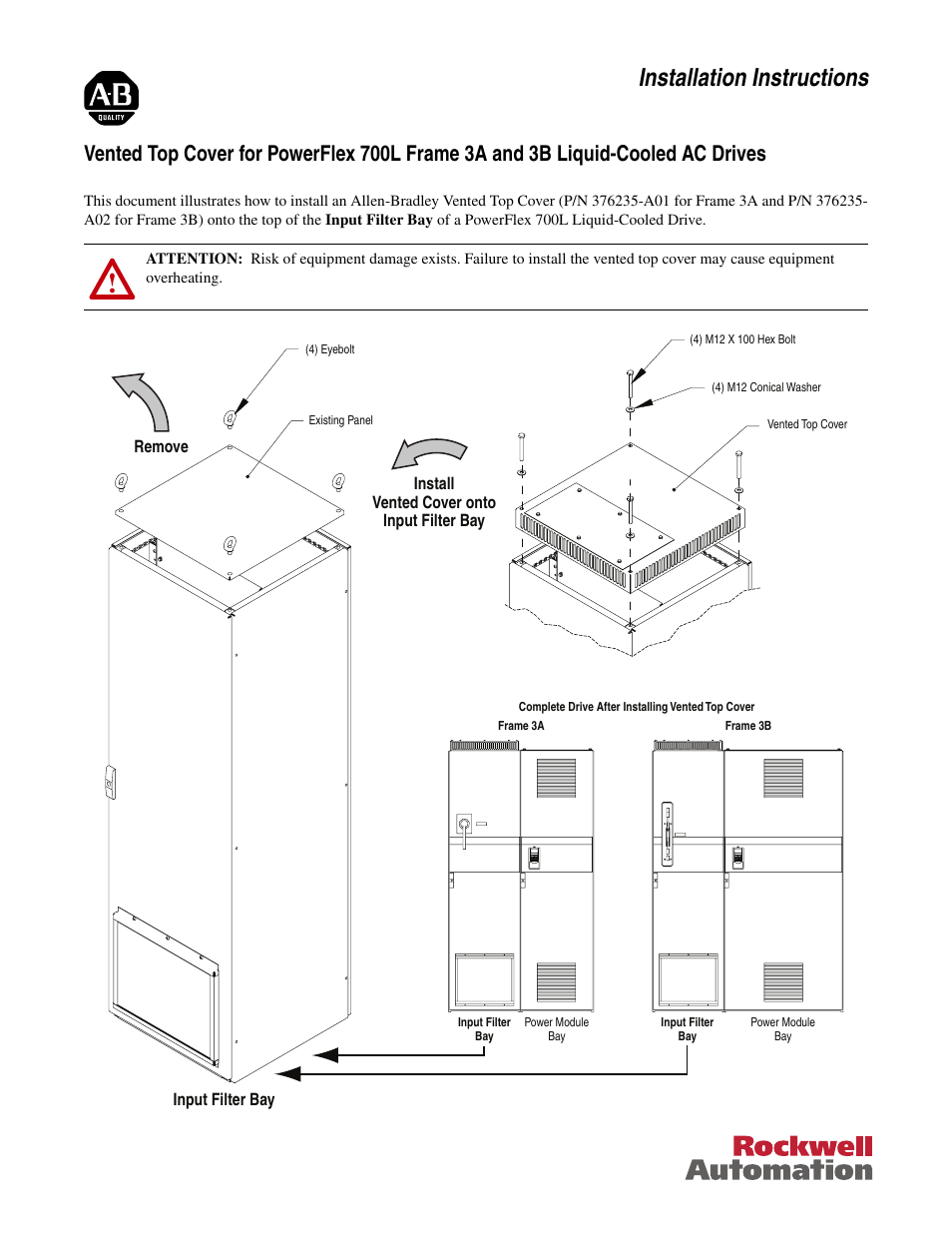 Rockwell Automation 20L Vented Top Cover for PowerFlex 700L Frame 3A and 3B Liquid-Cooled AC Drives User Manual | 2 pages