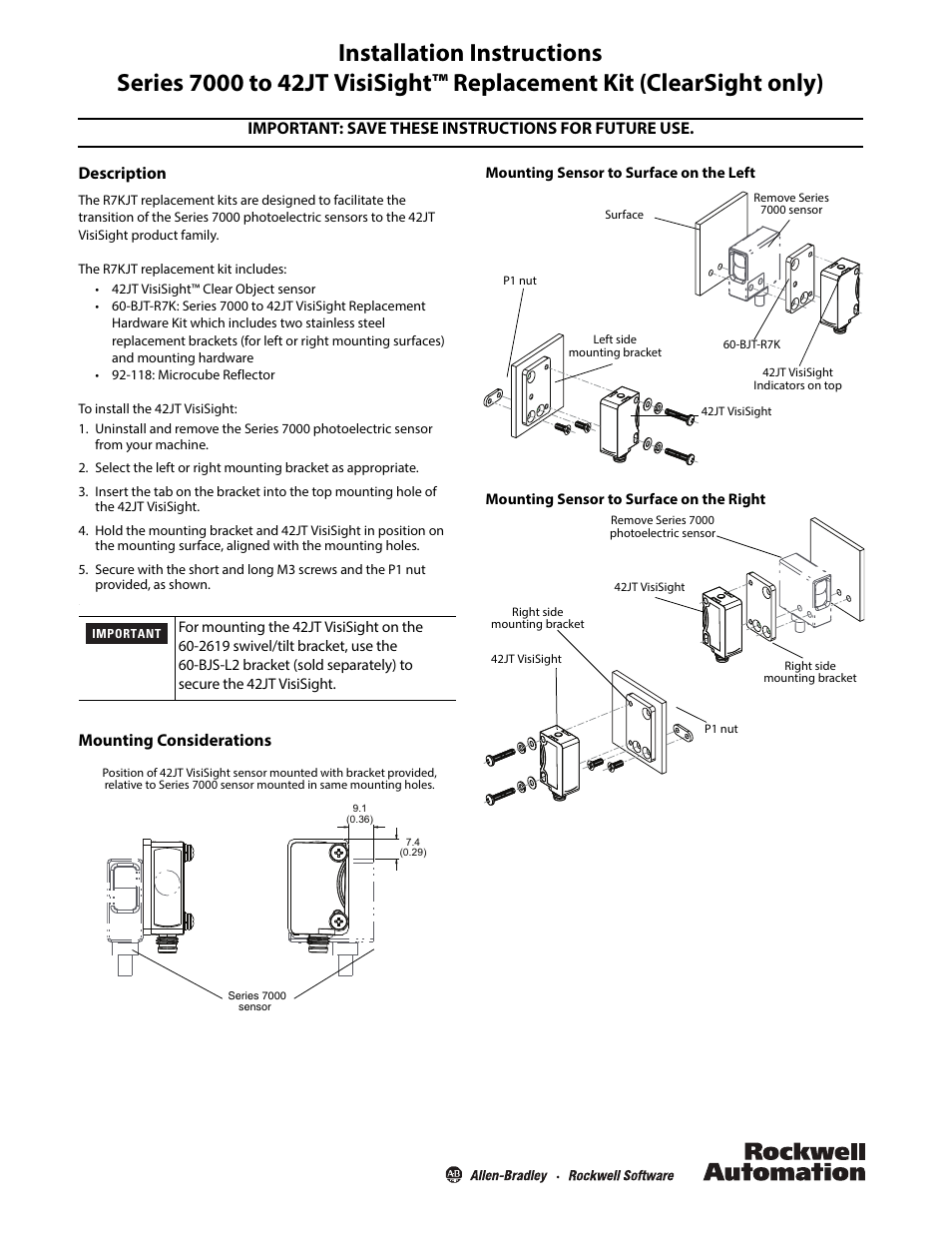 Rockwell Automation 42SMU-xxx Series 7000 to 42JT VisiSight Replacement Kit (ClearSight only) User Manual | 2 pages