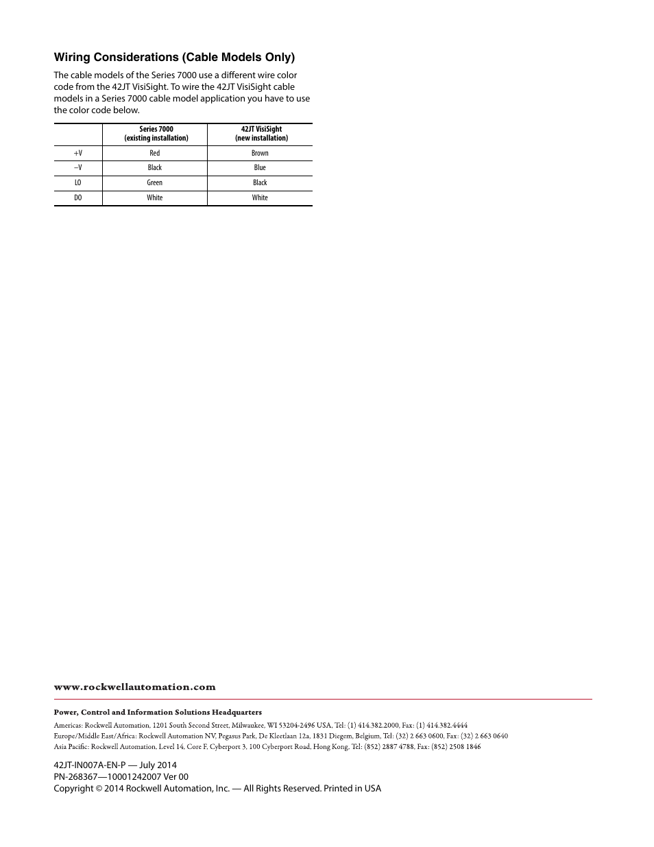 Wiring considerations (cable models only) | Rockwell Automation 42SMU-xxx Series 7000 to 42JT VisiSight Replacement Kit (ClearSight only) User Manual | Page 2 / 2