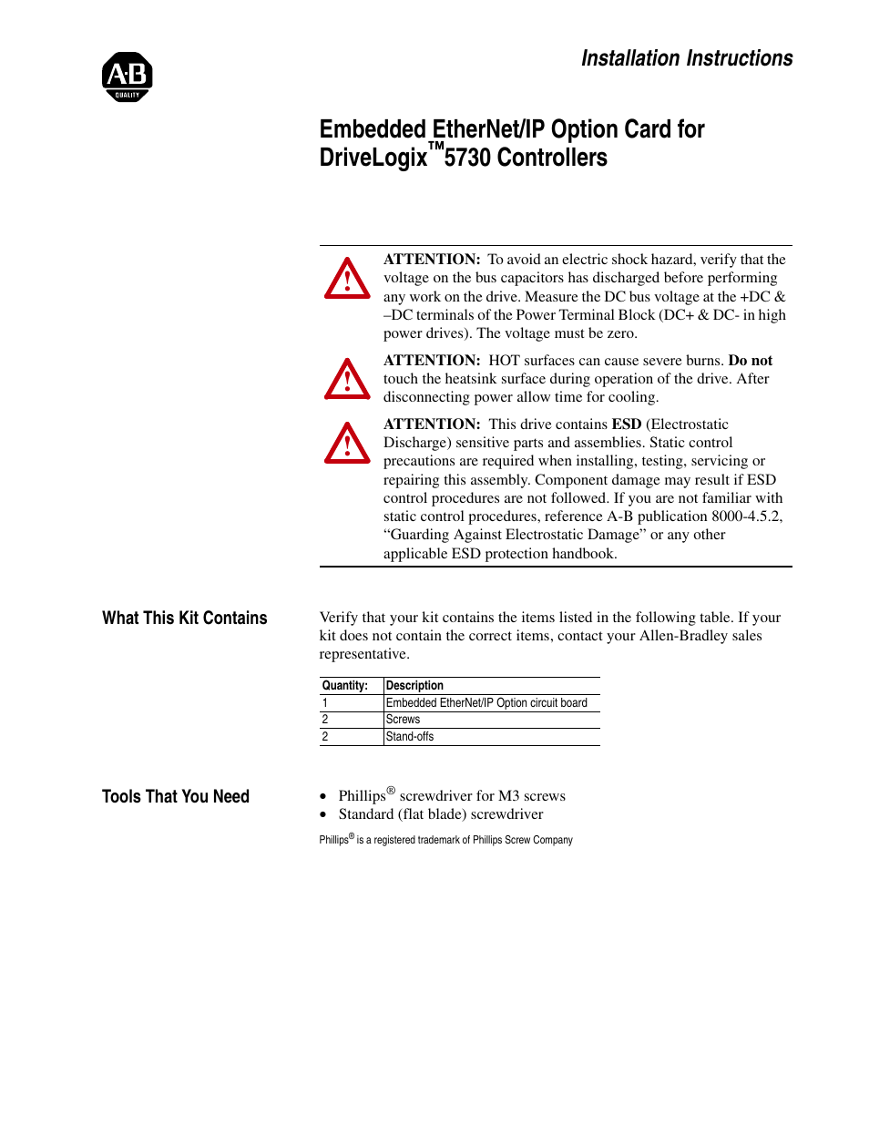 Rockwell Automation 20D-DL2-ENETO DriveLogix 5730 Controller Embedded EtherNet/IP Option Card User Manual | 8 pages