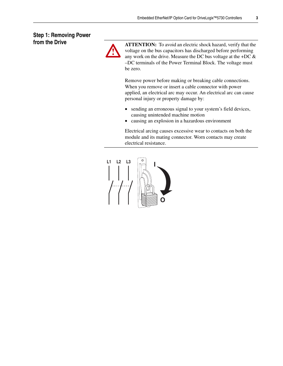 Step 1: removing power from the drive | Rockwell Automation 20D-DL2-ENETO DriveLogix 5730 Controller Embedded EtherNet/IP Option Card User Manual | Page 3 / 8