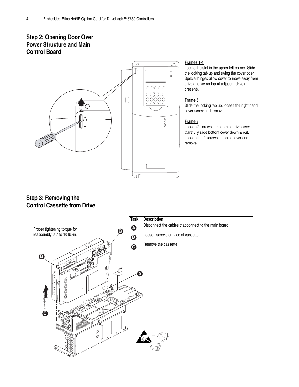 Step 3: removing the control cassette from drive | Rockwell Automation 20D-DL2-ENETO DriveLogix 5730 Controller Embedded EtherNet/IP Option Card User Manual | Page 4 / 8