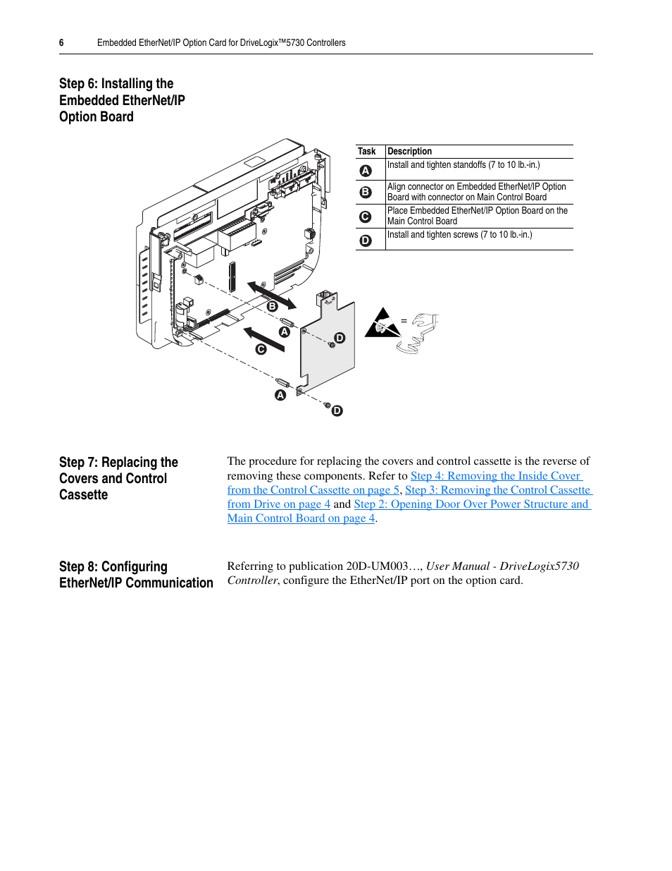 Step 7: replacing the covers and control cassette, Step 8: configuring ethernet/ip communication | Rockwell Automation 20D-DL2-ENETO DriveLogix 5730 Controller Embedded EtherNet/IP Option Card User Manual | Page 6 / 8