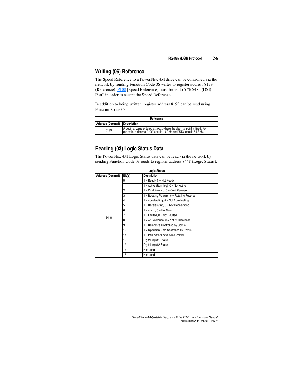 Writing (06) reference, Reading (03) logic status data | Rockwell Automation 22F PowerFlex 4M User Manual FRN 1.xx - 2.xx User Manual | Page 105 / 118